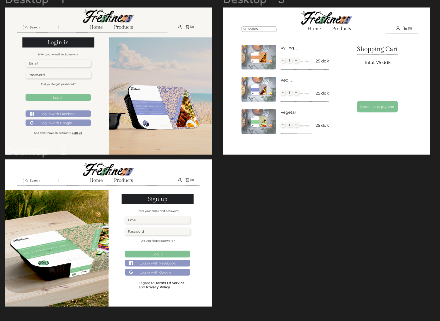 mockups for the signup page and the cart page of the startup website
