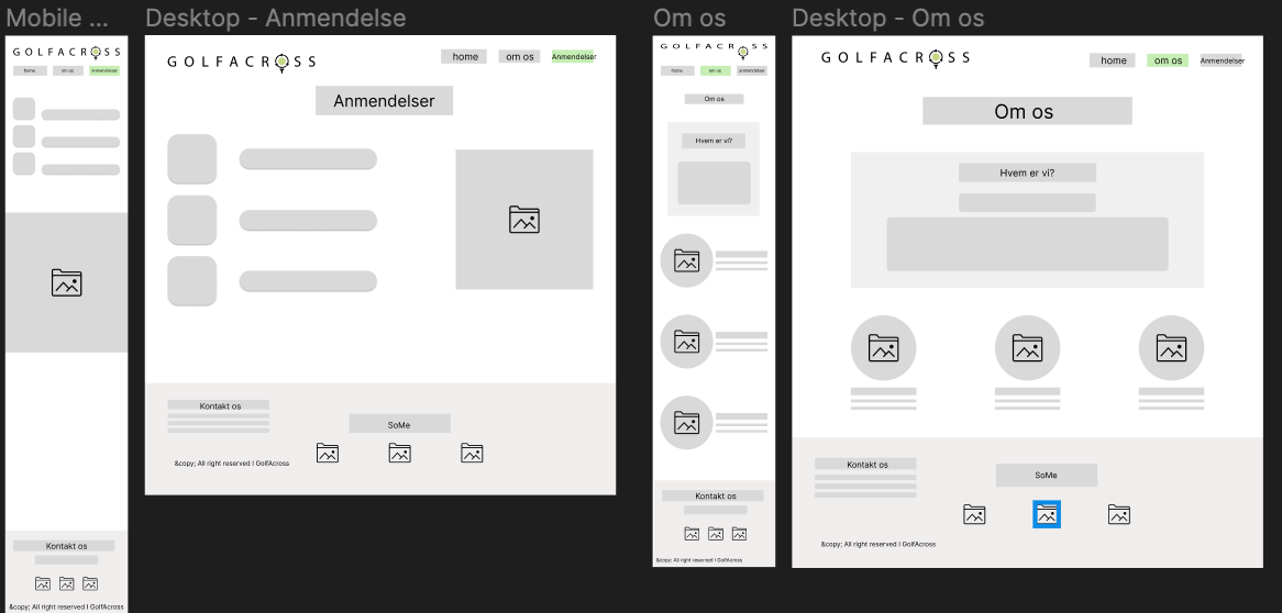 Wireframes of the testimonials and about us page
